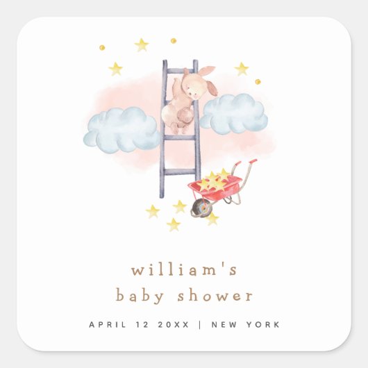 Minimal Waterverf Boho Bunny Stars Baby shower Vierkante Sticker (Voorkant)