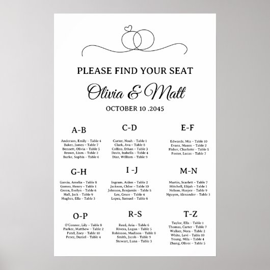 Minimal Wedding Alphabetical Seating Chart Poster (Voorkant)