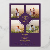 Minimal Wedding Purple & Gold 4-Photos Collage Folie Uitnodiging (Voorkant)