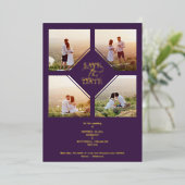 Minimal Wedding Purple & Gold 4-Photos Collage Folie Uitnodiging (Staand Voorkant)