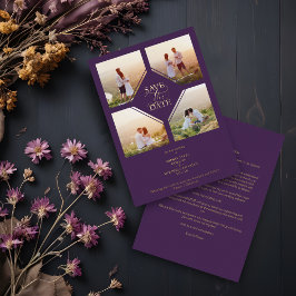 Minimal Wedding Purple & Gold 4-Photos Collage Folie Uitnodiging