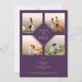 Minimal Wedding Purple & Gold 4-Photos Collage Save The Date (Voorkant)