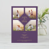 Minimal Wedding Purple & Gold 4-Photos Collage Save The Date (Staand voorkant)
