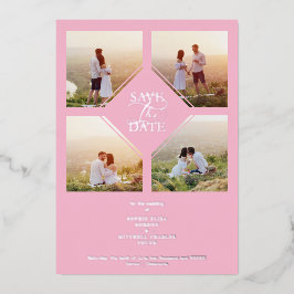 Minimal Wedding Soft Blush Pink & Silver 4-Photos Folie Uitnodiging