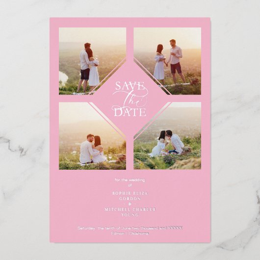 Minimal Wedding Soft Blush Pink & Silver 4-Photos  Folie Uitnodiging (Voorkant)