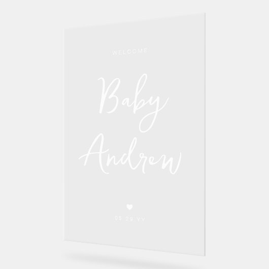 Minimal Welcome Baby shower Elegant Wit Script Acryl Bord (Hoek)