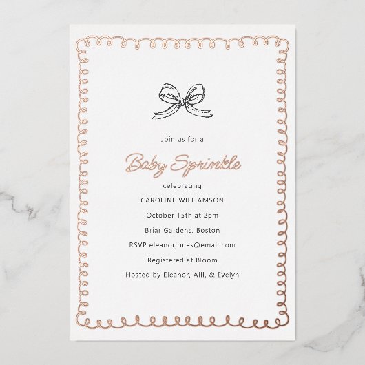 Minimal Whimsical Baby Sprinkle Shower Roos Gold Folie Uitnodiging (Voorkant)