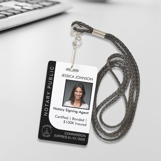 Minimal White & Black Custom Notary Photo ID Badge