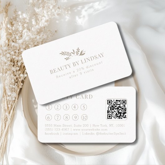 Minimal White Botanical Salon QR-Code Loyalty Visitekaartje