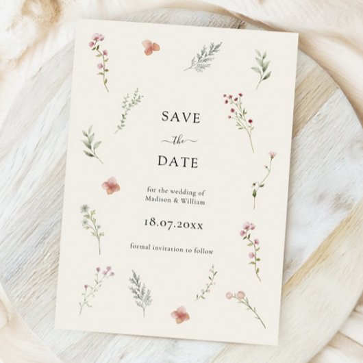 Minimal Wildflower Beige Boho Bloemen Huwelijk Save The Date