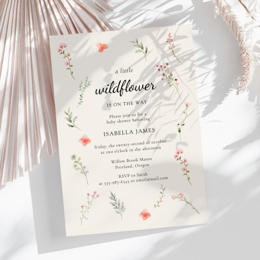 Minimal Wildflower Beige Boho Floral Baby shower Kaart