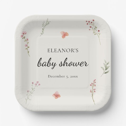Minimal Wildflower Boho Baby shower Papieren Bordje (Voorkant)
