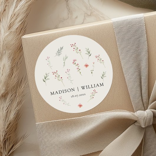 Minimal Wildflower Boho Beige Bloemen Huwelijk Ronde Sticker