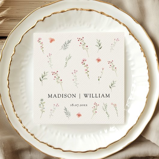 Minimal Wildflower Boho Beige Bloemen Huwelijk Servet