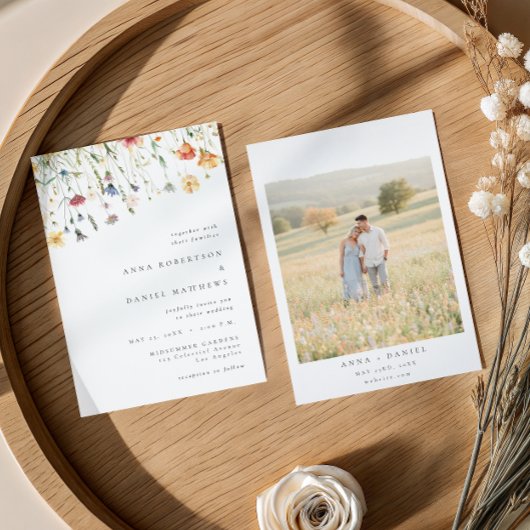 Minimal Wildflower Photo Wedding Invitation Kaart