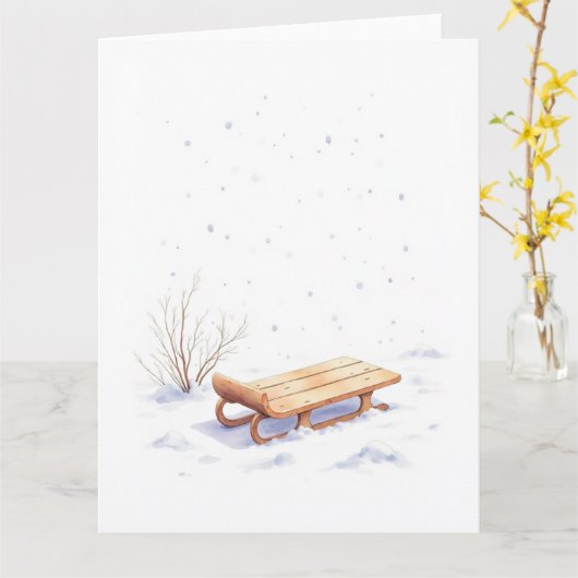 Minimal Winter Sled Watercolor Christmas Art Kaart (Gele Bloem)