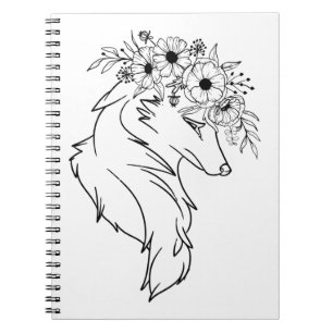 Minimal wolf Line Drawing with Flowers Notitieboek