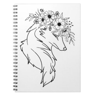 Minimal wolf Line Drawing with Flowers Notitieboek