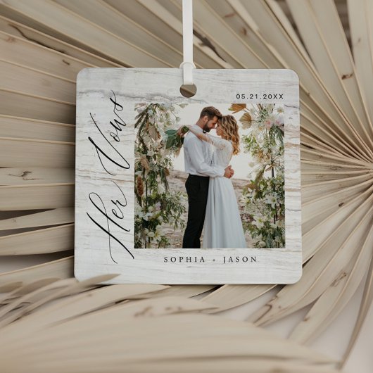 Minimal Woodgrain Wedding Her Vows Couples Photos Metalen Ornament