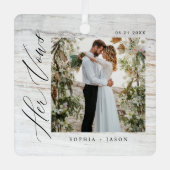 Minimal Woodgrain Wedding Her Vows Couples Photos Metalen Ornament (Voorkant)