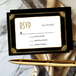Minimal Zwart Goud Art Deco Bloemen Huwelijk RSVP Informatiekaartje