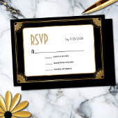 Minimal Zwart Goud Art Deco Bloemen Huwelijk RSVP Informatiekaartje