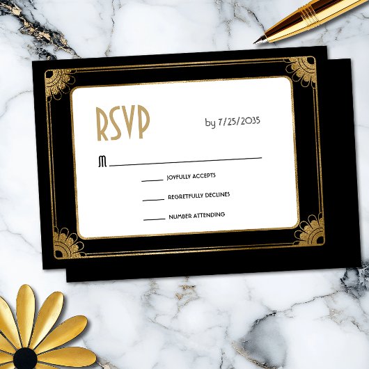 Minimal Zwart Goud Art Deco Bloemen Huwelijk RSVP Informatiekaartje