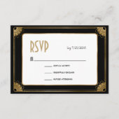 Minimal Zwart Goud Art Deco Bloemen Huwelijk RSVP Informatiekaartje (Voorkant)