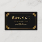 Minimal Zwart Goud Art Deco Floral Wedding Website Informatiekaartje (Voorkant)