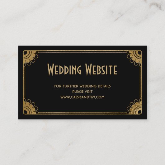 Minimal Zwart Goud Art Deco Floral Wedding Website Informatiekaartje (Voorkant)