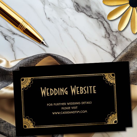 Minimal Zwart Goud Art Deco Floral Wedding Website Informatiekaartje