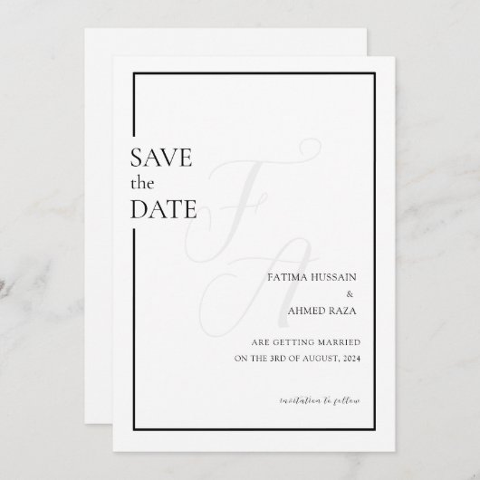 Minimal zwart Initiaal moslim bruiloft bewaar de d Save The Date (Voorkant / Achterkant)