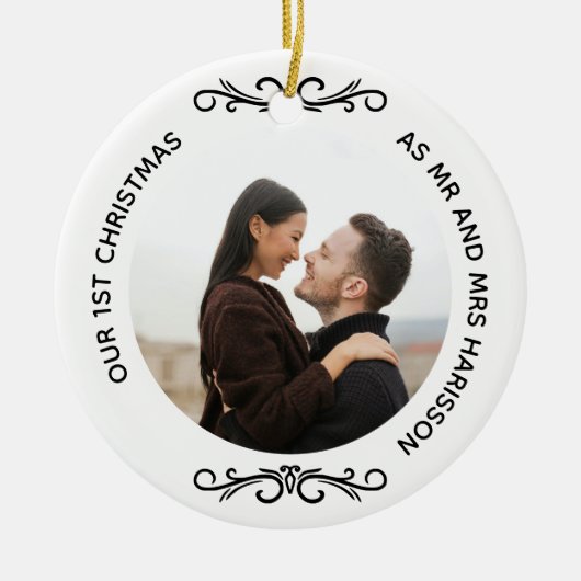 Minimale 1e kerst als meneer en mevrouw Foto Keramisch Ornament (Voorkant)