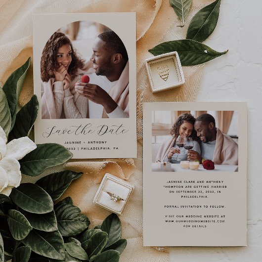 Minimale 2-Foto Boho Boog Beige Save The Date