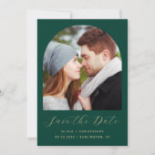 Minimale 2-Foto Boho Boog Smaragdgroen Goud Save The Date (Voorkant)