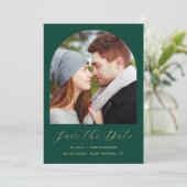 Minimale 2-Foto Boho Boog Smaragdgroen Goud Save The Date (Staand voorkant)
