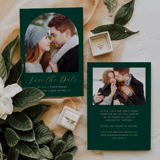 Minimale 2-Foto Boho Boog Smaragdgroen Goud Save The Date