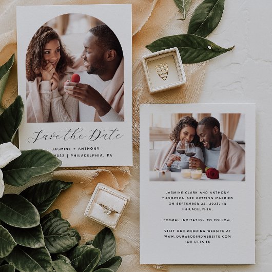 Minimale 2-Foto Boho Boog Zwart en Wit Save The Date