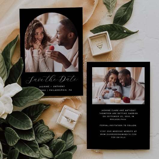 Minimale 2-Foto Boho Boog Zwart Save The Date