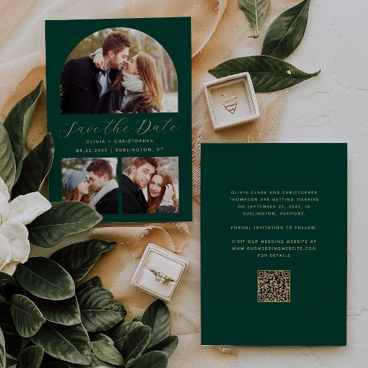 Minimale 3-foto Arch Emerald Green Gold QR-code Save The Date
