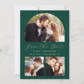 Minimale 3-foto Arch Emerald Green Gold QR-code Save The Date (Voorkant)