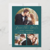 Minimale 3-foto boog Blauwgroen blauw goud QR-code Save The Date (Voorkant)