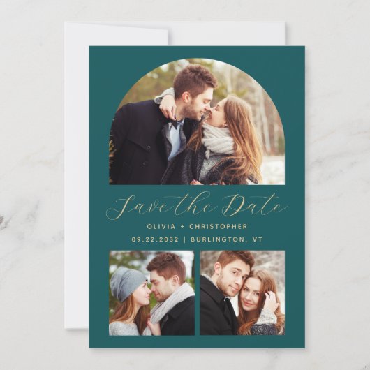 Minimale 3-foto boog Blauwgroen blauw goud QR-code Save The Date (Voorkant)