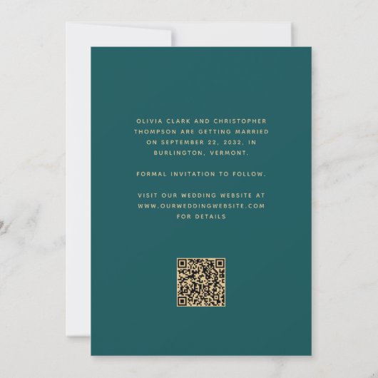 Minimale 3-foto boog Blauwgroen blauw goud QR-code Save The Date (Achterkant)