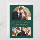 Minimale 3-foto-boog Emerald Green Goud QR-code Save The Date (Voorkant)