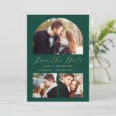 Minimale 3-foto-boog Emerald Green Goud QR-code Save The Date (Staand voorkant)