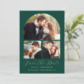 Minimale 3-foto Collage Arch Emerald Green Gold Save The Date (Staand voorkant)