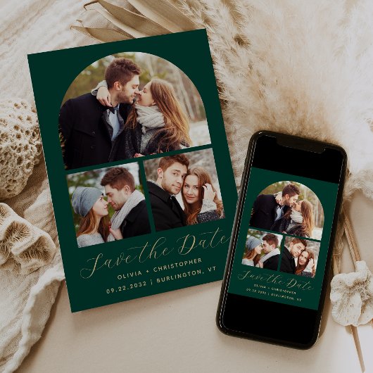 Minimale 3-foto Collage Arch Emerald Green Gold Save The Date