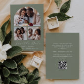 Minimale 3-foto Collage Arch QR Code Sage Groen Save The Date