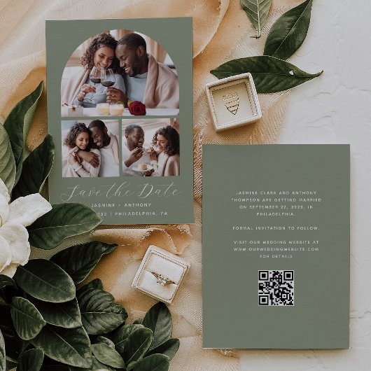 Minimale 3-foto Collage Arch QR Code Sage Groen Save The Date